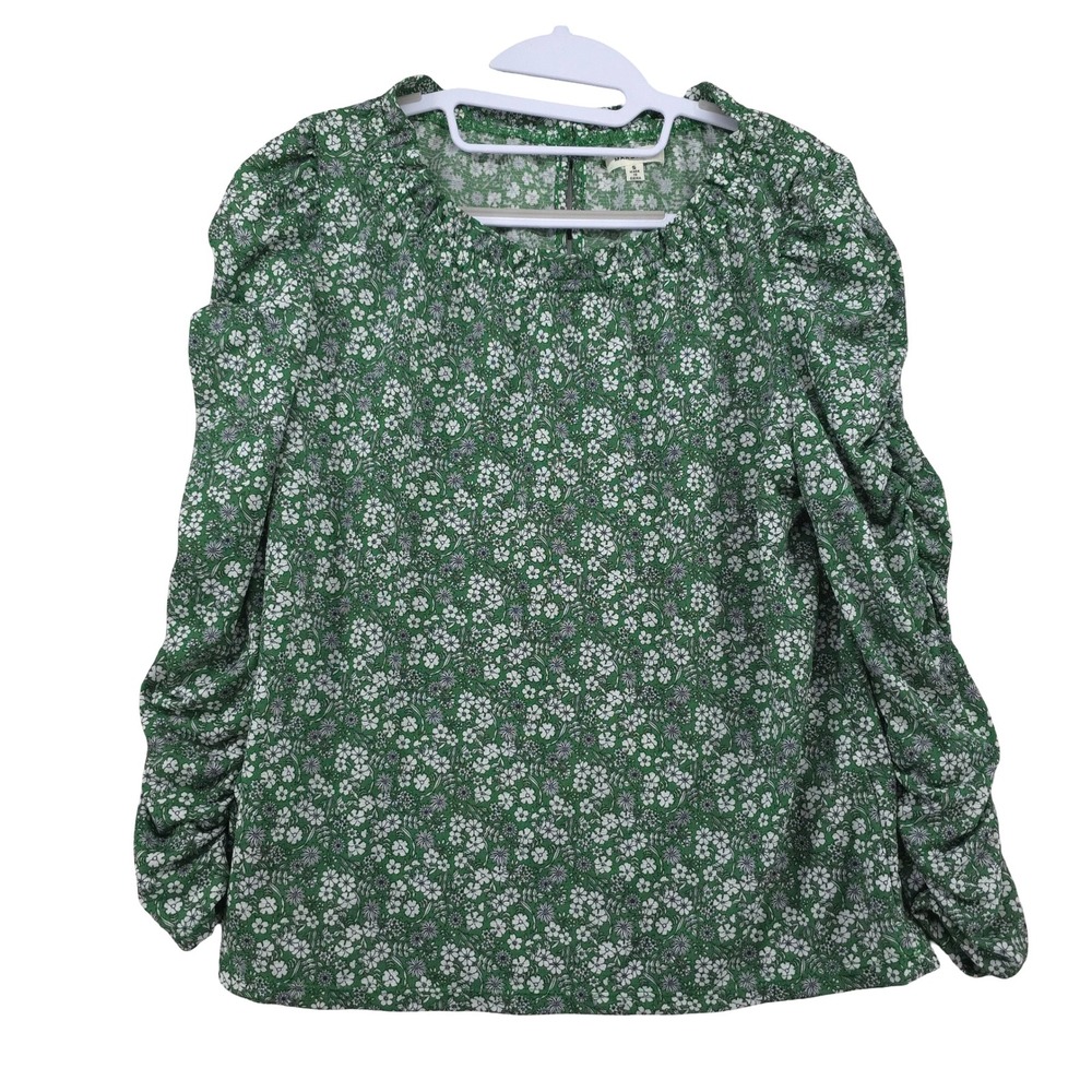 Max Studio Blouse Size Small Floral Ruched Sleeve Keyhole Neck Boho Green